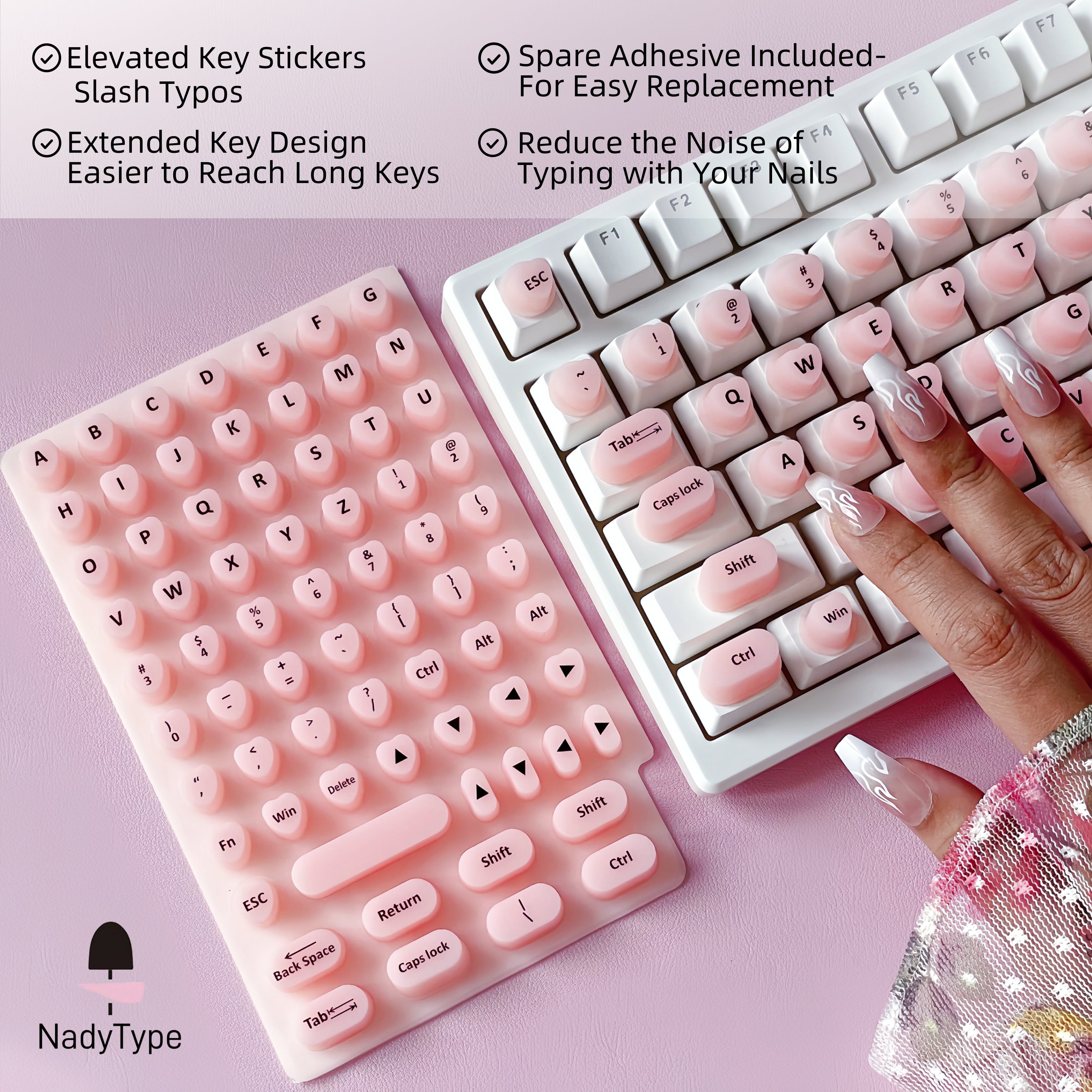 keyboard sticker NadyType 70 Pcs Raised Keyboard Stickers for Long Nails - Heart Shape Silicone Key Bubbles with Extended Keys for Comfortable Typing & Nail Art Protection